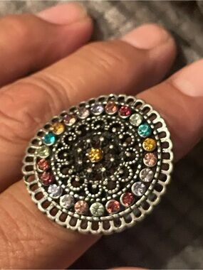 Multicolor Crystal Filigree Statement Stretchy Ring - Unbranded